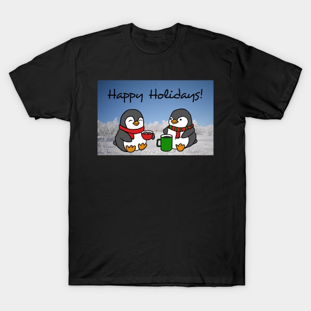 Christmas Penguins Enjoying Hot Cocoa with Christmas Tree Card T-Shirt by Elizabeths-Arts